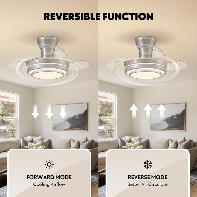 APBEAMLighting Retractable Small Led Ceiling Fan with Light and Remote 28 Inch Low Profile Brushed Nickle Modern Fandelier for Bedroom Living Room Dimmable 6 Speed Reversible Smart Ceiling Fan - Image 4